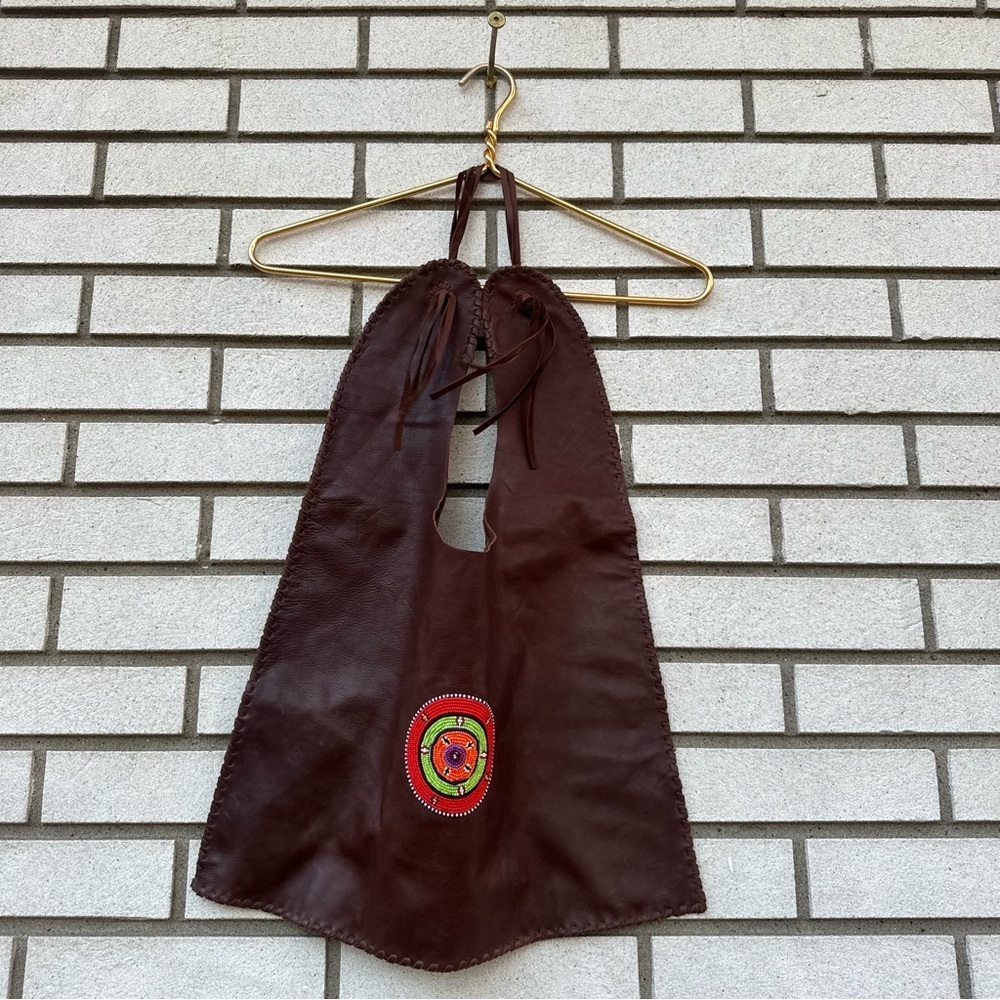 Handmade Brown Leather Beaded Shoulder Bag Tote Purse Whipstitch Edge Tie Straps